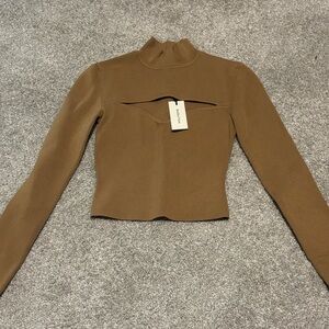 Babaton Tan Ribbed Knit Top